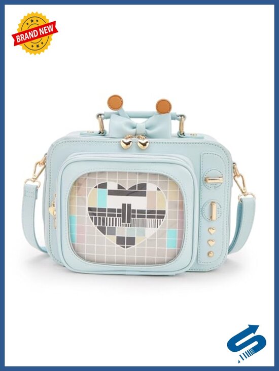 Handbags - Faux Leather TV Shaped Ita Bag Crossbody Backpack Clear Window Pin Display